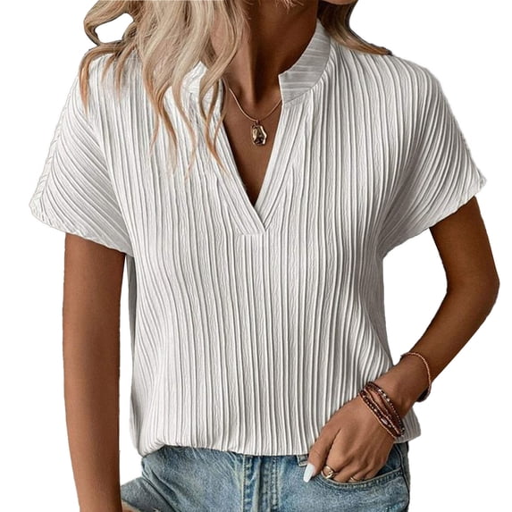 Women V Neck Blouse Short Sleeve Striped Casual Loose Fitting Pure Color Summer Pullover T Shirt White M