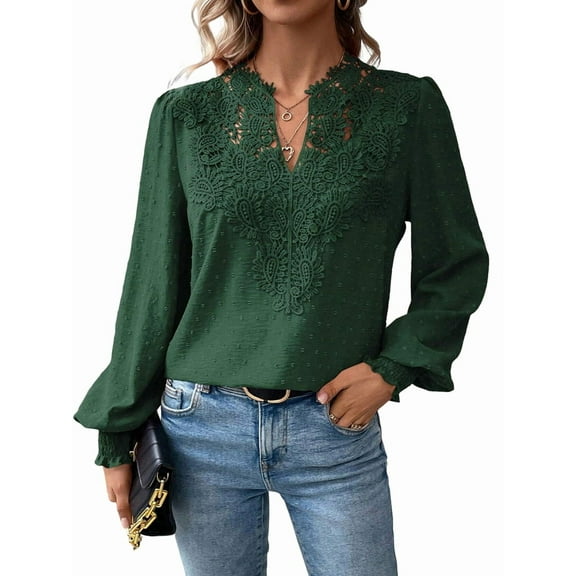 Women V Neck Boho Long Sleeve Dot Chiffon Blouses Flowy Lace Crochet Clothing Casual Trendy Tunic Dark Green XXL