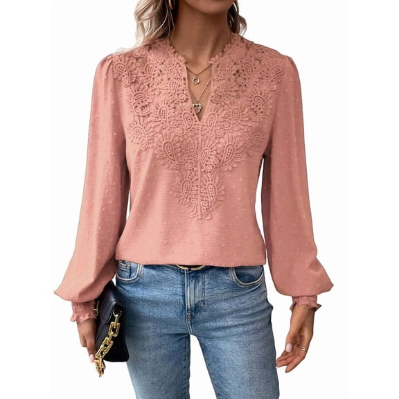 Women V Neck Boho Long Sleeve Dot Chiffon Blouses Flowy Lace Crochet Clothing Casual Trendy Tunic Pink XXL