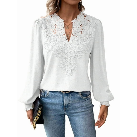 Women V Neck Boho Long Sleeve Dot Chiffon Blouses Flowy Lace Crochet Clothing Casual Trendy Tunic White M