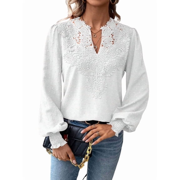Women V Neck Boho Long Sleeve Dot Chiffon Blouses Flowy Lace Crochet Clothing Casual Trendy Tunic White S