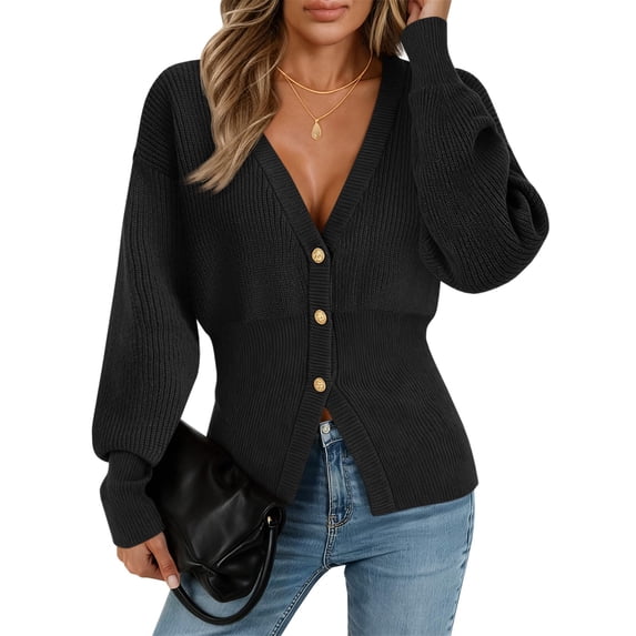 Women V‑Neck Button Front Knit Cardigan Long Sleeve Fitted Sweater Coat