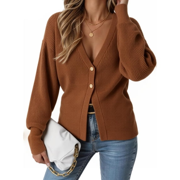 Women V‑Neck Button Front Knit Cardigan Long Sleeve Fitted Sweater Coat