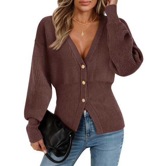 Women V‑Neck Button Front Knit Cardigan Long Sleeve Fitted Sweater Coat