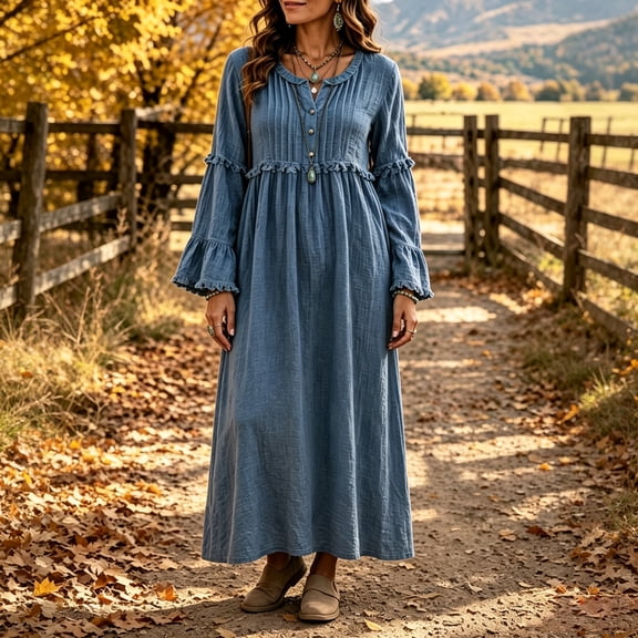 Women V Neck Button Front Maxi Dress Ruffle Flare Long Sleeve Empire Waist Tiered Pleated Loose Boho Vacation Dress