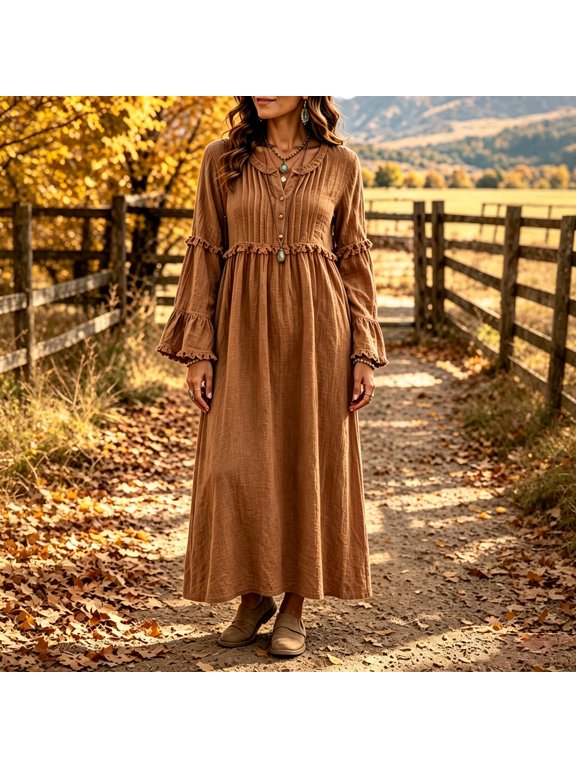 Women V Neck Button Front Maxi Dress Ruffle Flare Long Sleeve Empire Waist Tiered Pleated Loose Boho Vacation Dress