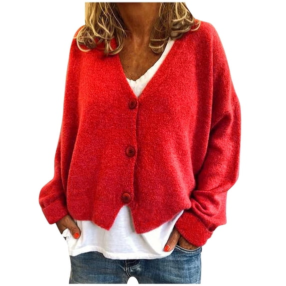 Women V Neck Button Up Cardigans Plus Size Long Sleeve Solid Color Knitter Sweater Coats Casual Outerwears (XL, Watermelon Red)