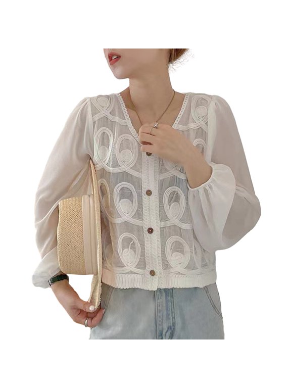 Women V-Neck Button Up Cropped Cardigan Top Chiffon Puff Long Sleeve Hollow Out Crochet Lace Patchwork Blouses Shirts