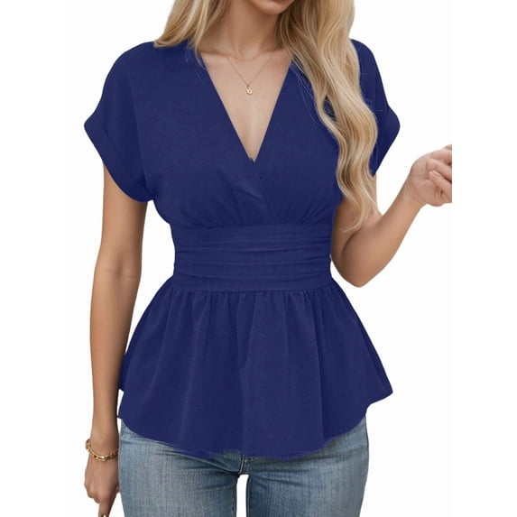 Women V Neck Cap Sleeve Wrap Blouses Ruched Ruffle Hem Peplum Tops Navy Blue XL