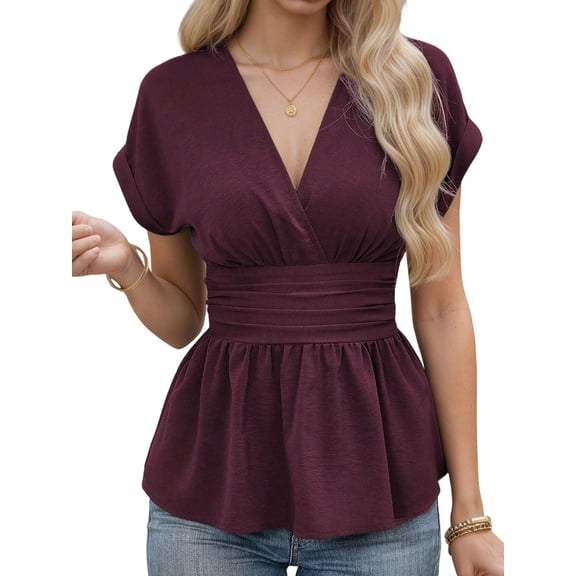 Women V Neck Cap Sleeve Wrap Blouses Ruched Ruffle Hem Peplum Tops Wine Red XL
