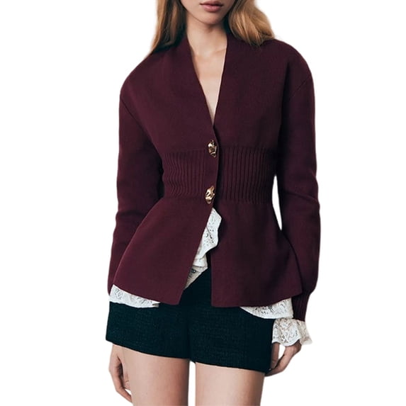 Women V Neck Cardigan Sweater Button Dwon Long Sleeve Cinched Waist Knitted Cardigan Wine Red M