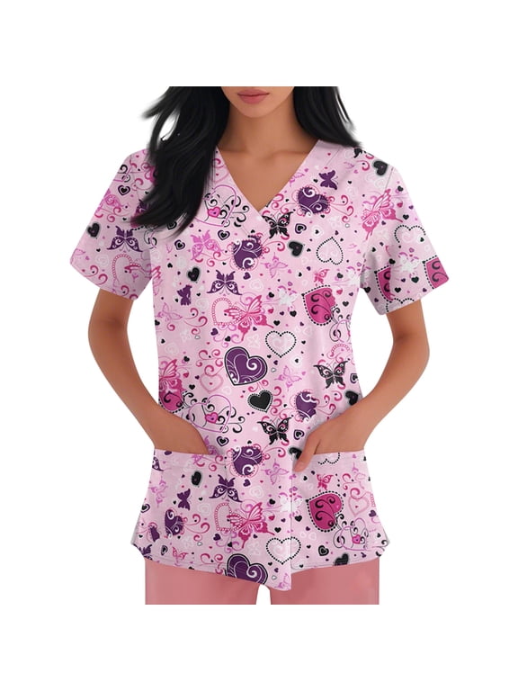 Women V Neck Cartoon Print Short Sleeve Scrub Tops, Pocket Side Split Care Worker Uniform Shirts 18-Vermilion S