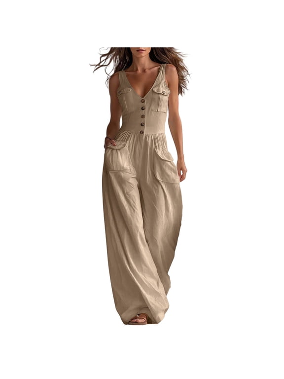 Women V Neck Casual Dressy Jumpsuit Smocked Waist Button Down Sleeveless Wide Legs Rompers Cotton Overalls with Pockets