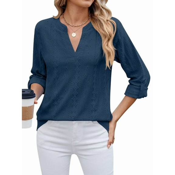 Women V Neck Casual Hollow Out Eyelet Embroidered Blouses Shirts Beach Cover Up Blouse Dressy Dark Blue M