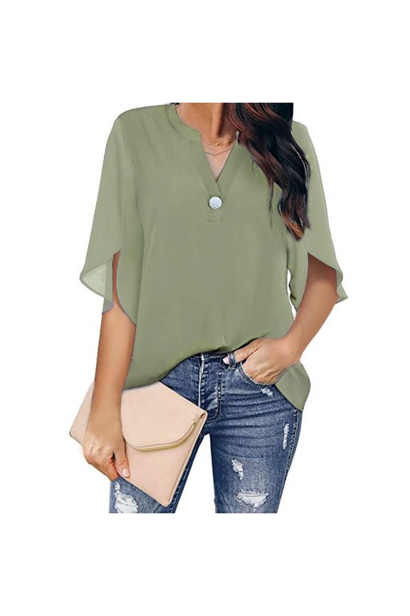 New Women V Neck Chiffon Loose Blouse Tops Casual Lady Solid Elegant Thin Half Sleeve Blouse Shirts