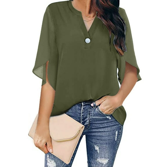 New Women V Neck Chiffon Loose Blouse Tops Casual Lady Solid Elegant Thin Half Sleeve Blouse Shirts