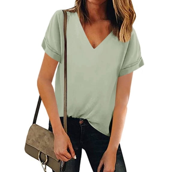 Women V Neck Chiffon Solid Color Blouse Short Sleeve Summer Casual Loose Shirt Tops