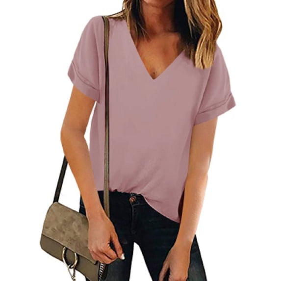 Women V Neck Chiffon Solid Color Blouse Short Sleeve Summer Casual Loose Shirt Tops