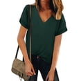 thumbnail image 1 of Women V Neck Chiffon Solid Color Blouse Short Sleeve Summer Casual Loose Shirt Tops, 1 of 4