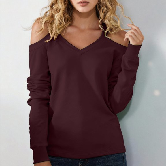 Women V Neck Cold Shoulder Tops Long Sleeve Loose Basic Casual Sexy Trendy T Shirts Blouses