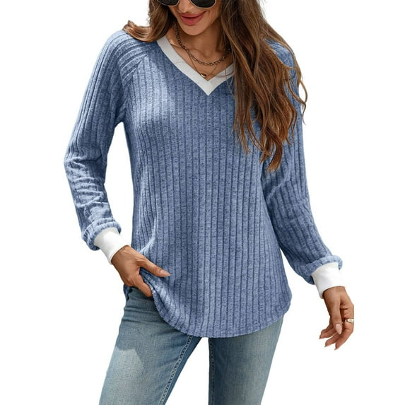 Women V Neck Color Block Long Sleeve Shirts-Casual Fall Light-Weight Tunic Sweaters Fashion Outfits Colorful Blue XXL