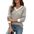 thumbnail image 1 of Women V Neck Color Block Long Sleeve Shirts-Casual Fall Light-Weight Tunic Sweaters Fashion Outfits Khaki M, 1 of 9