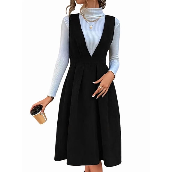 Women V Neck Corduroy Overall Dress Fall Mini Pinafore Jumper Dress Black L