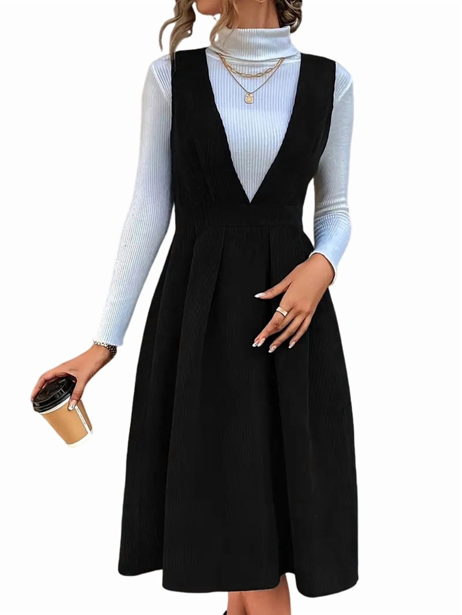 black corduroy jumper dress Women V Neck Overall Fall Mini Pinafore Dress XXL Size:EU 43/US 10.5
