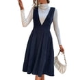 thumbnail image 1 of Women V Neck Corduroy Overall Dress Fall Mini Pinafore Jumper Dress Blue XL, 1 of 9