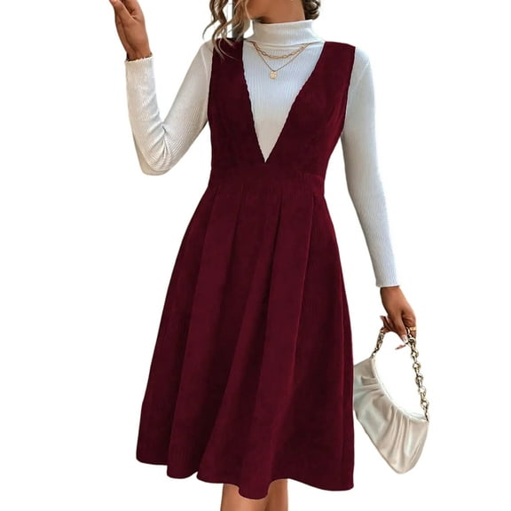 Women V Neck Corduroy Overall Dress Fall Mini Pinafore Jumper Dress Red M
