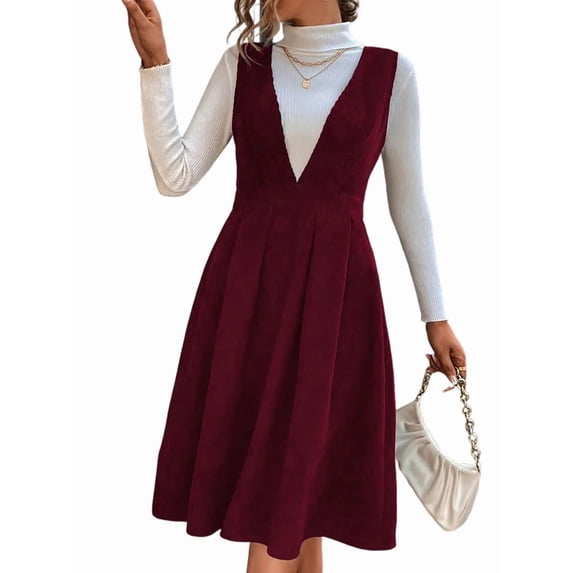 Women V Neck Corduroy Overall Dress Fall Mini Pinafore Jumper Dress Red M