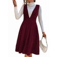 thumbnail image 1 of Women V Neck Corduroy Overall Dress Fall Mini Pinafore Jumper Dress Red S, 1 of 9