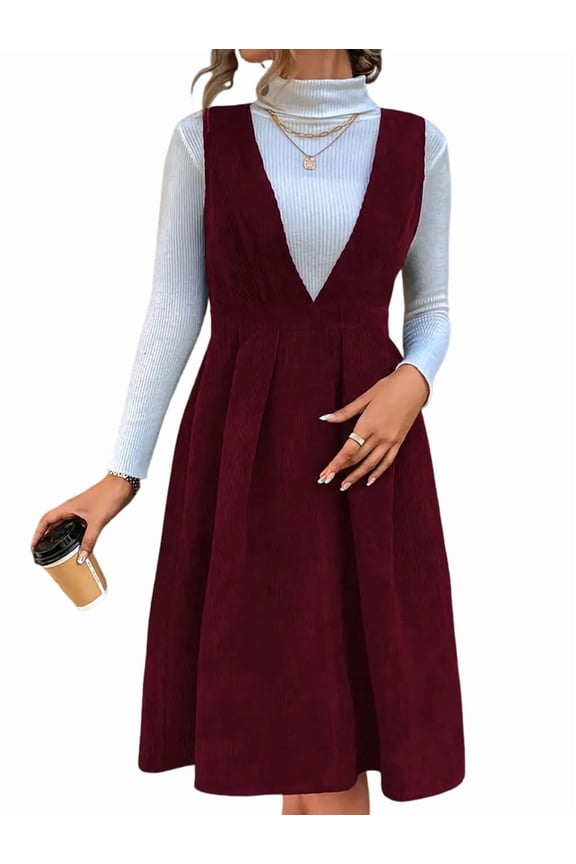 Women V Neck Corduroy Overall Dress Fall Mini Pinafore Jumper Dress Red XXL