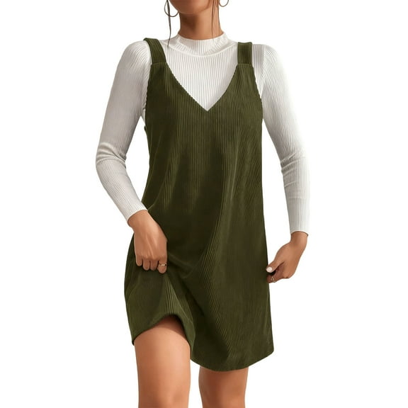 Women V Neck Corduroy Overall Dress Fall Pinafore Jumper Dress