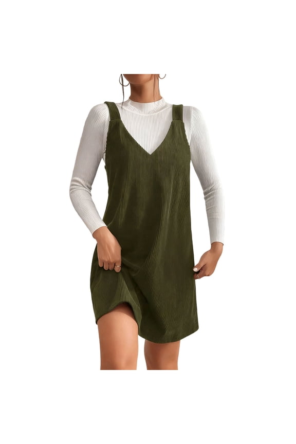 Women V Neck Corduroy Overall Dress Fall Pinafore Jumper Dress