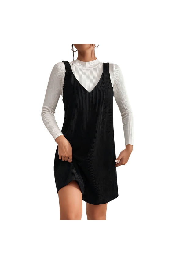 Women V Neck Corduroy Overall Dress Fall Pinafore Jumper Dress