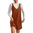 thumbnail image 1 of Women V Neck Corduroy Overall Dress Fall Pinafore Jumper Dress, 1 of 8