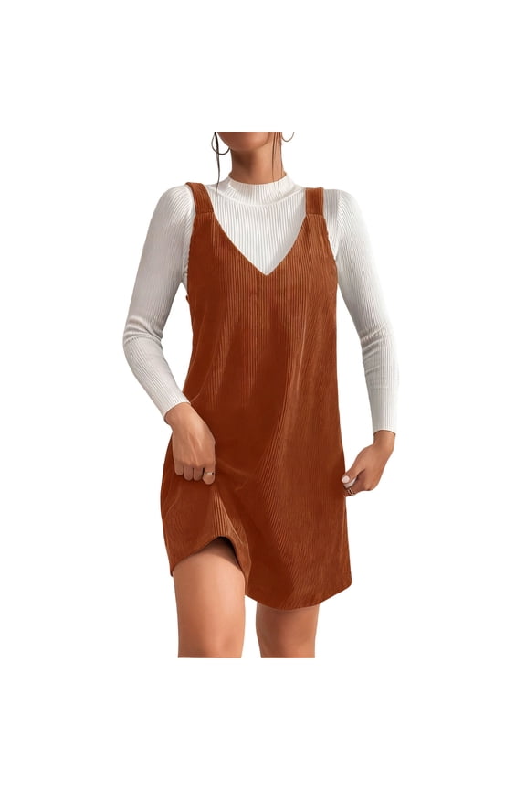 Women V Neck Corduroy Overall Dress Fall Pinafore Jumper Dress