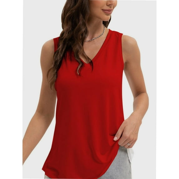 Women V Neck Curved Hem Tank Tops Summer Casual Sleeveless Loose Fit Tunic Tops