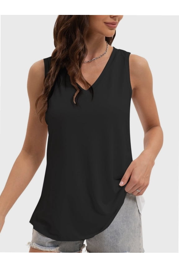 Women's V-Neck Sleeveless Tunic Top - Loose Fit Casual Tank with Curved Hem, Summer Comfort Wear