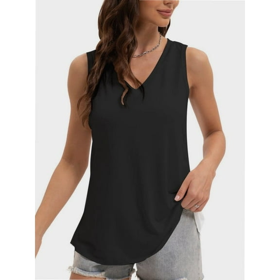 Women V Neck Curved Hem Tank Tops Summer Casual Sleeveless Loose Fit Tunic Tops