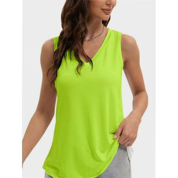 Women V Neck Curved Hem Tank Tops Summer Casual Sleeveless Loose Fit Tunic Tops