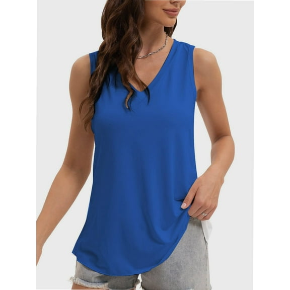 Women's V-Neck Sleeveless Tunic Top - Loose Fit Casual Tank with Curved Hem, Summer Comfort Wear