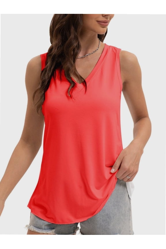 Women's V-Neck Sleeveless Tunic Top - Loose Fit Casual Tank with Curved Hem, Summer Comfort Wear