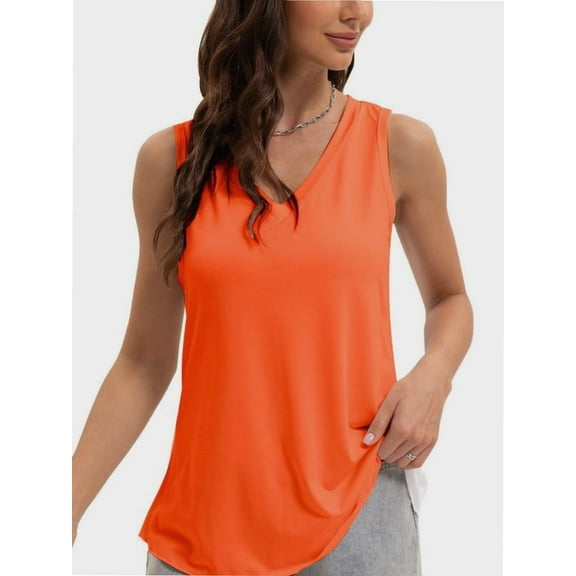 Women V Neck Curved Hem Tank Tops Summer Casual Sleeveless Loose Fit Tunic Tops