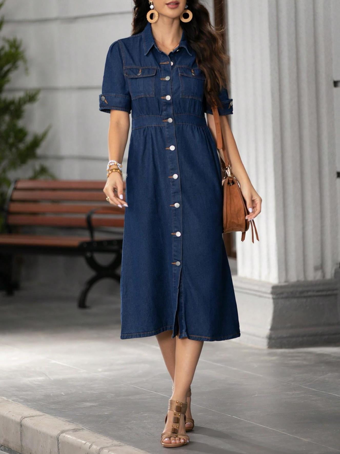 Women V-Neck Denim Dress Short Sleeve A-Line Waist Stylish Pockets  Comfortable Casual Chic Look - Walmart.com