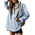 thumbnail image 1 of Women V Neck Denim Pullover Casual Button Up Top Loose Fit Long Sleeve Denim Jacket with Pockets, 1 of 3