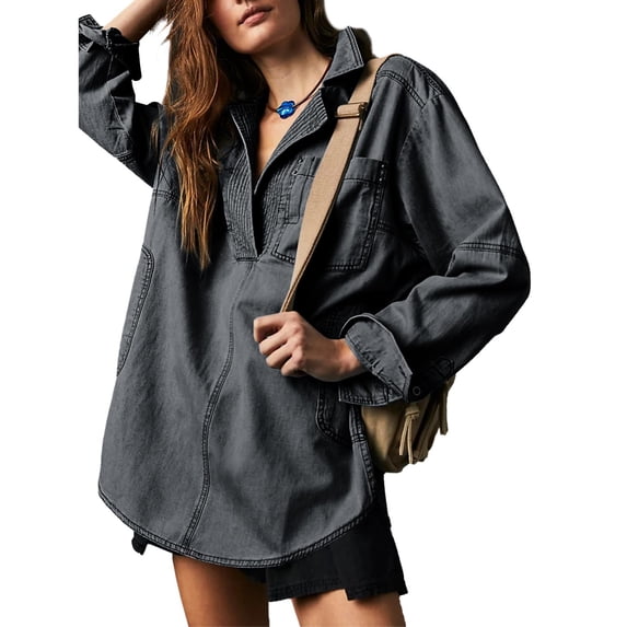 Women V Neck Denim Pullover Casual Button Up Top Loose Fit Long Sleeve Denim Jacket with Pockets