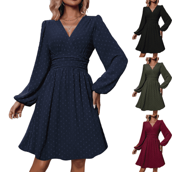 Women V-Neck Dot Jacquard Spring And Autumn Long-Sleeved A-Shaped Waist Puff Sleeve Dress