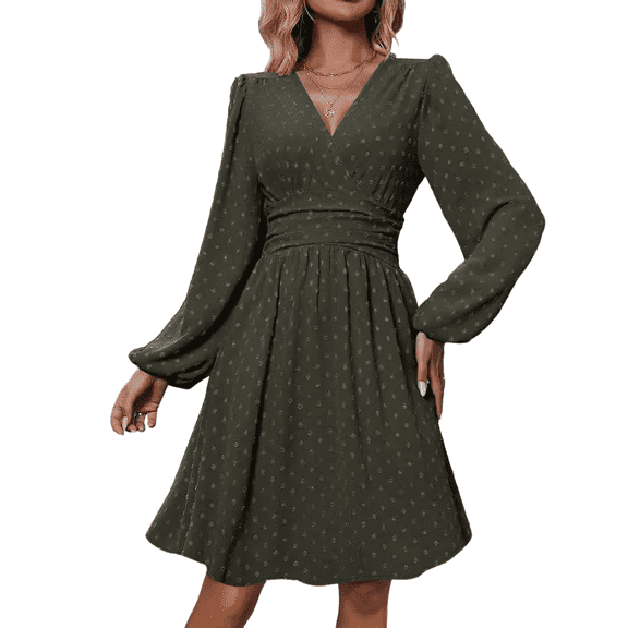 Women V-Neck Dot Jacquard Spring And Autumn Long-Sleeved A-Shaped Waist Puff Sleeve Dress